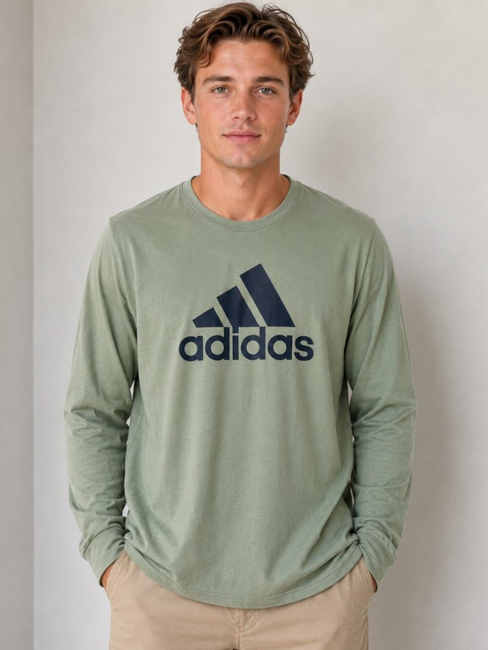 Adidas Men's Sage Green Long Sleeve T-Shirt Size Small 100% Cotton